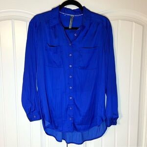 Anthropologie Satin Vibrant Blue Button-Up Blouse Long Sleeve Shirt Size Small